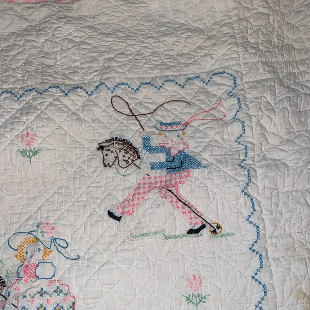 Embroidered Nursery Rhyme Quilt - White and Blue 44” x 36”